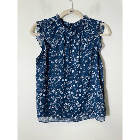 Banana Republic Blue Floral Flutter Sleeve High Ruffle Neck Blouse Sz XS - Picture 1 of 3